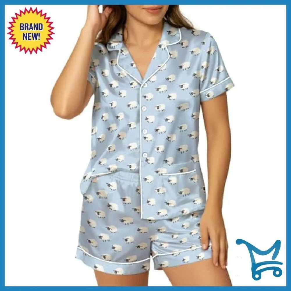 Women's Silk Satin Pajama Set Short Sleeve Button Down 2 Piece PJs Cozy
